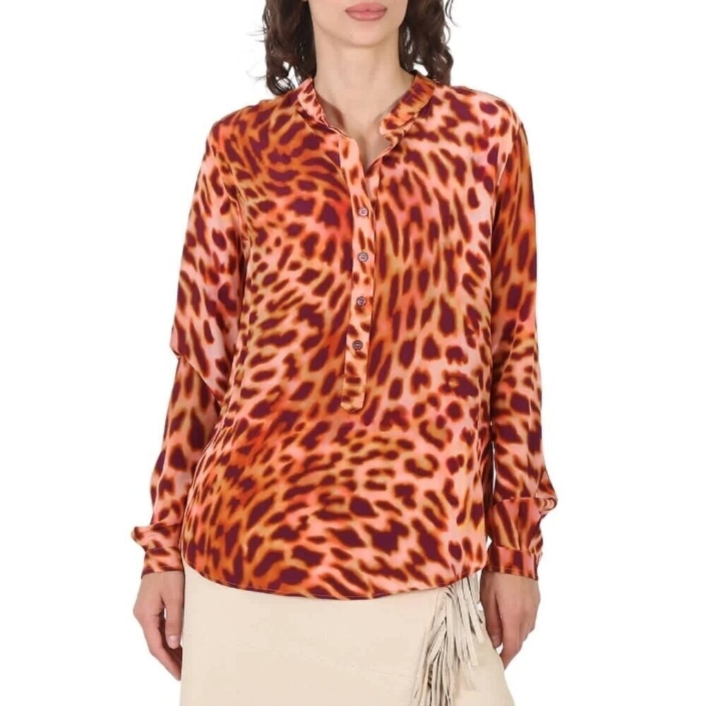 Stella McCartney Orange Cheetah Print Silk Crepe De Chine Shirt Size Large